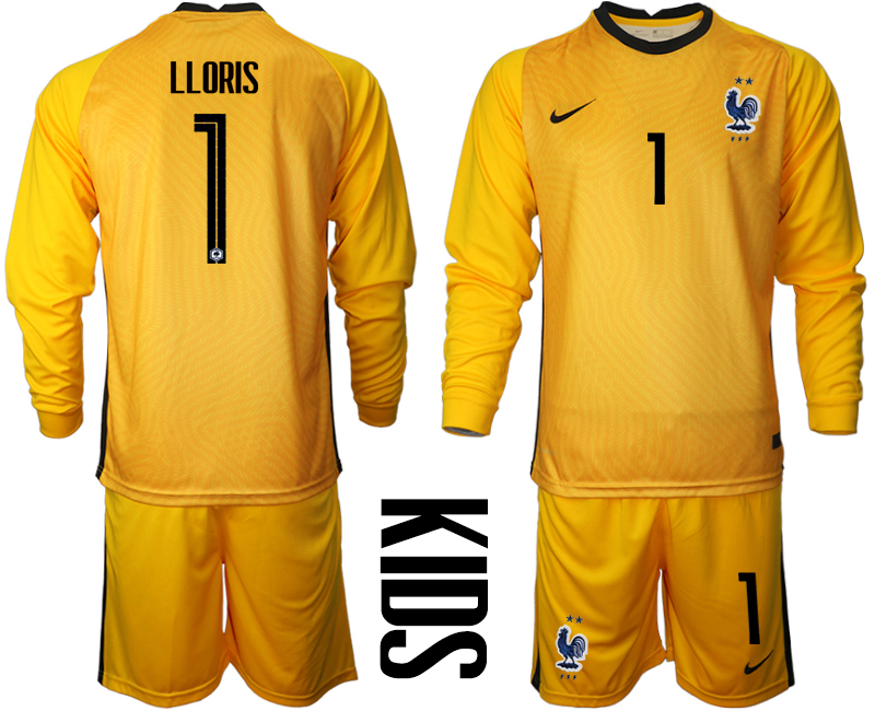 2021 France yellow goalkeeper youth long sleeve #1 soccer jerseys->youth soccer jersey->Youth Jersey